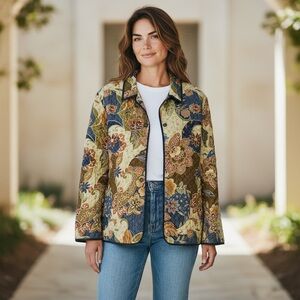Alfred Dunner 100% Silk Floral Multicolor Button Quilted Jacket Boho‎ Sz 12